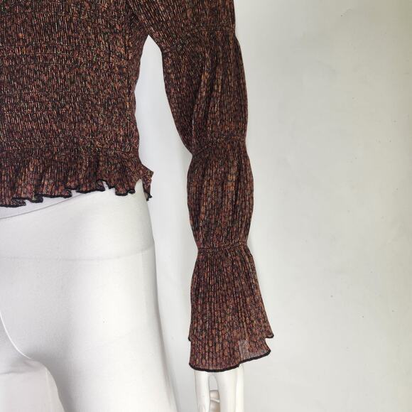 Anthropologie Shimmer Puff Sleeve Smocked Cropped Peplum Top Small Cocoa Brown - Picture 4 of 12